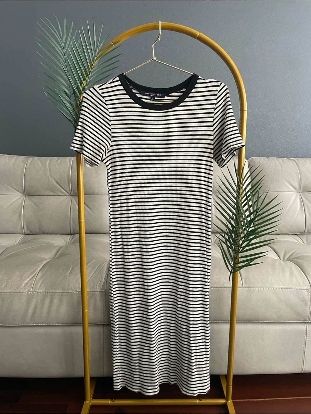 One Clothing Los Angeles Classic Black & White Stripe Midi Dress w Contrast Neck